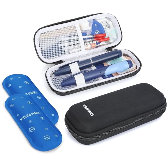 YOUSHARES Insulin Cooler Travel Case, GLP-1 Diabetic Medicine Cooling Bag for Zepbound for Mounjaro Pen, Refrigerated Diabetes Supplies Organizer with 2 TSA Approved Ice Pack(Black)