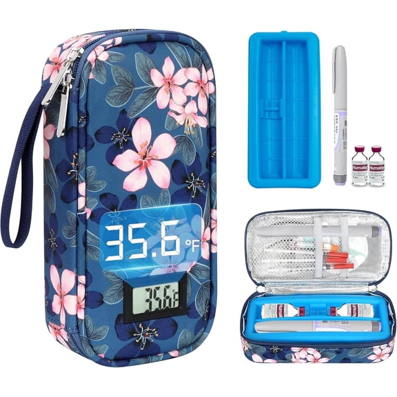 YOUSHARES Insulin Cooler Travel Case for Pen & Vials - TSA Approved Temperature Display Medication Cooling Bag with Protective Ice Brick, Refrigerated Diabetes Supplies Carrying Organizer(Magnolia)