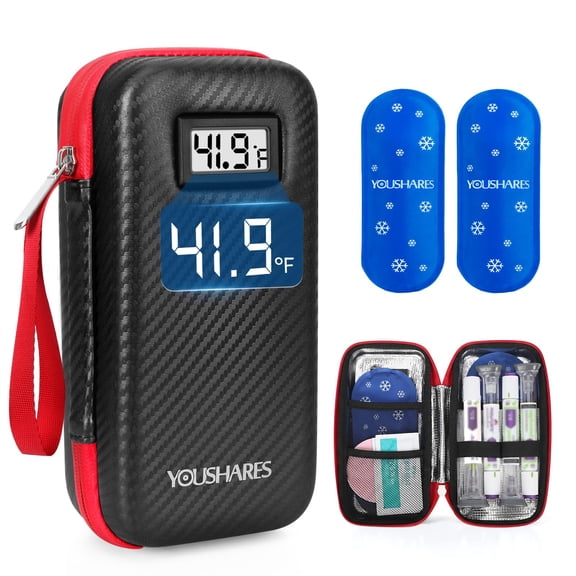 YOUSHARES Insulin Cooler Travel Case with Temperature Display, GLP-1 Diabetic Medicine Cooling Bag for Mounjaro, Refrigerated Diabetes Storage Kit with 2 TSA Approved Ice Pack