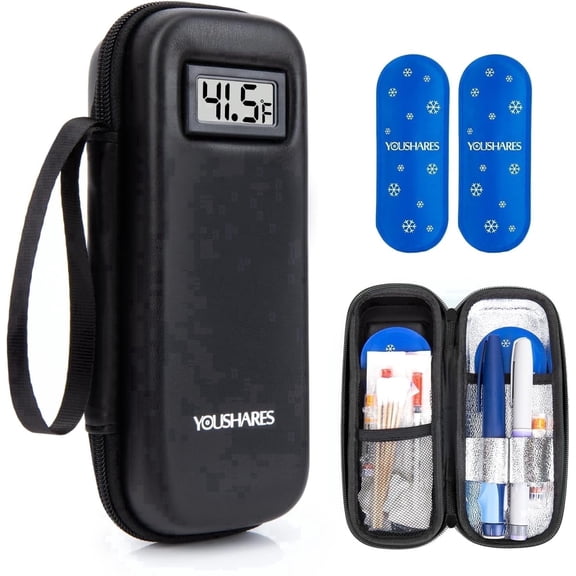 YOUSHARES Insulin Cooler Travel Case with Temperature Display - Refrigerated Medicine Cooling Bag with 2 TSA Approved Ice Pack, Medication Pen Diabetic Supplies Organizer for Trip and Daily(Black)