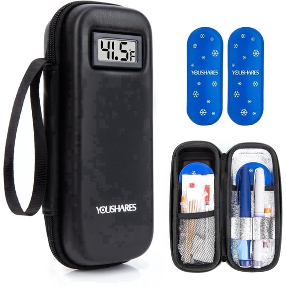 YOUSHARES Insulin Cooler Travel Case with Temperature Display - Refrigerated Medicine Cooling Bag with 2 TSA Approved Ice Pack, Medication Pen Diabetic Supplies Organizer for Trip and Daily(Black)