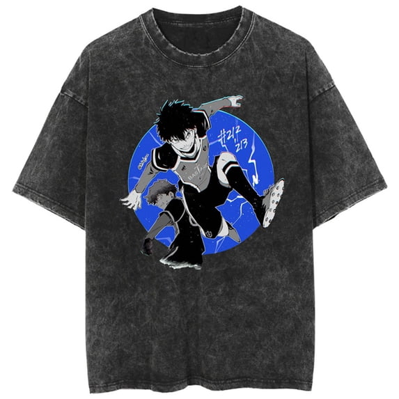 YOUSHENGER Anime Cotton T-Shirt Fashion BLUE Washed Vintage TShirt Men Women LOCK Crewneck Oversize Tee Shirt