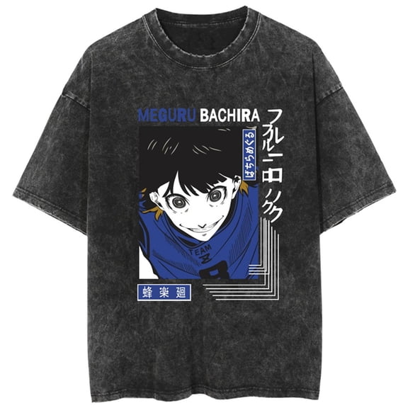 YOUSHENGER Anime Cotton T-Shirt Fashion BLUE Washed Vintage TShirt Men Women LOCK Crewneck Oversize Tee Shirt