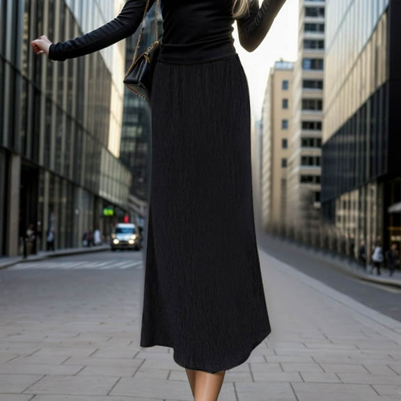 YOUSNH Elegant Women's High Waist Midi Skirt Vintage French Pleated A Line Flared Fashion Skirt Womens Skirts Black S