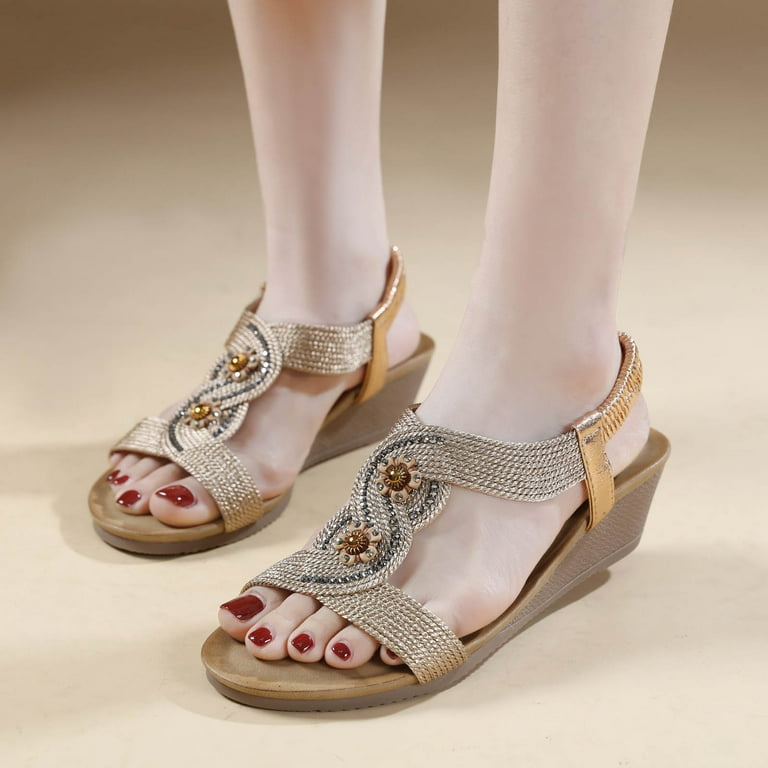 YOUSNH Ethnic Style Women s Bohemian Retro Flower Wedge Large Size Sandals Summer Sandals Rose Gold 8.5 41
