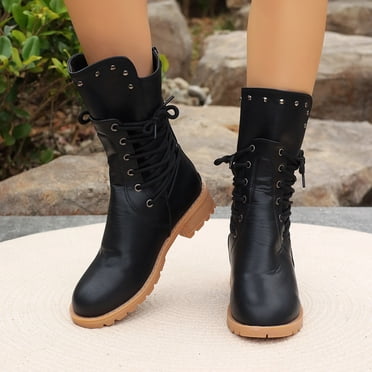 YOUSNH Fashion Women Solid Autumn Thick Sole Square Heels Lace up Mid Booties Round Toe Shoes Women Boots Black 8
