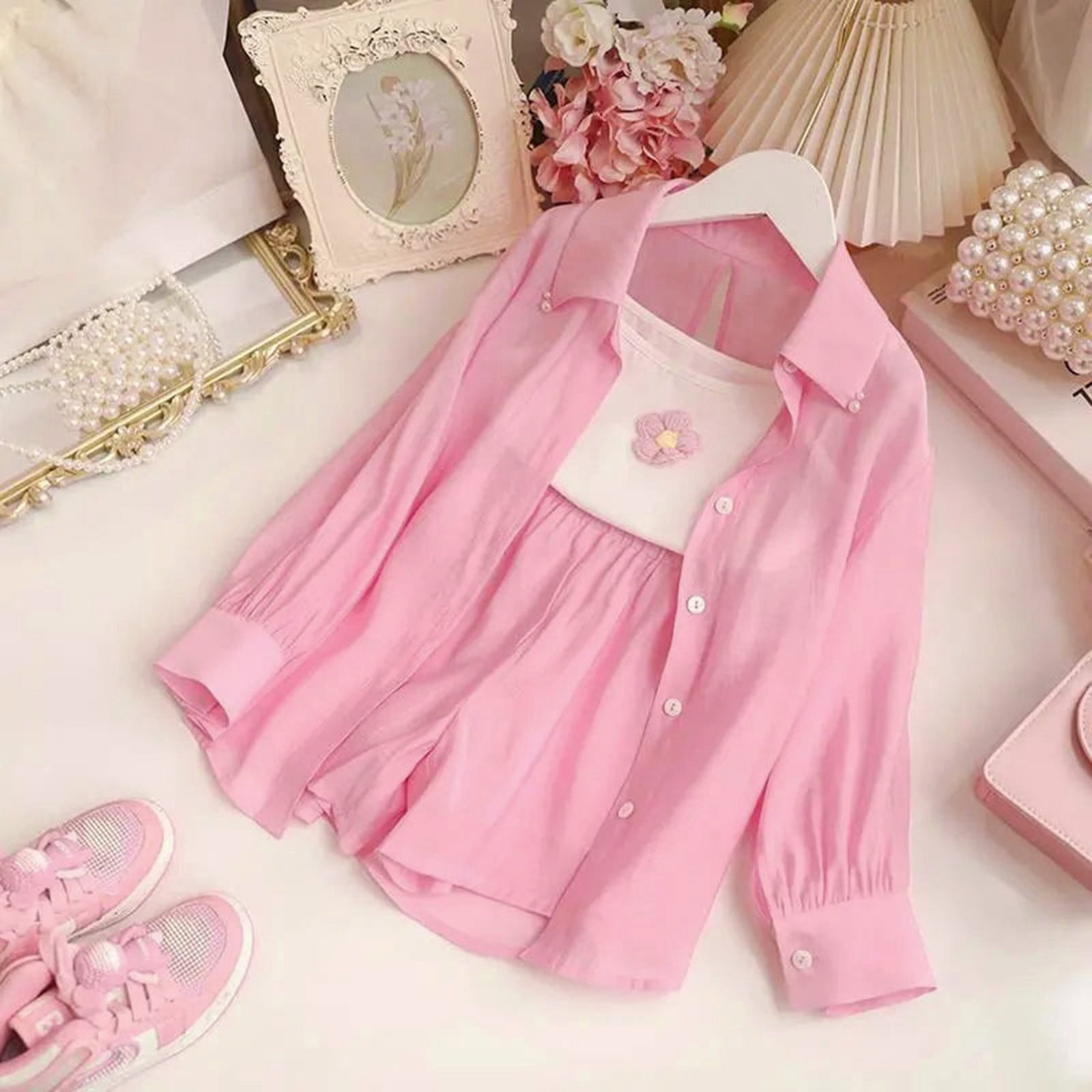 Outfits Sets for Girls Kids Girl Summer Clothes Long Sleeve Button Down Shirt Coat Tank Tops Shorts 3PCS Outfits Set Kids Clothing Set Red 6-7 Years