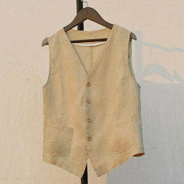 YOUSNH Vest Ladies Cotton Vest V Neck Spring and Summer Cardigan Sleeveless Thin Vest Style Vest with Pockets Plain Color Casual Jackets for Women Beige XXL