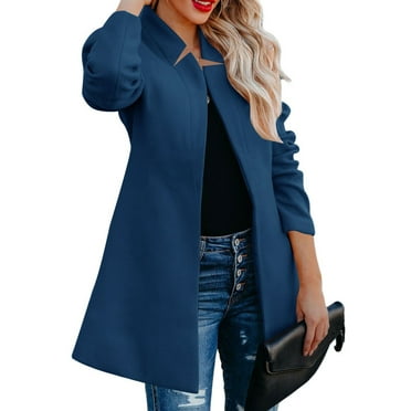 YOUSNH Winter Wool Blend Coats for Women Mid Long Trench Coat Classic Open Front Jackets Cardigans Outwear with Pockets Womens Winter Coats Blue XXXL