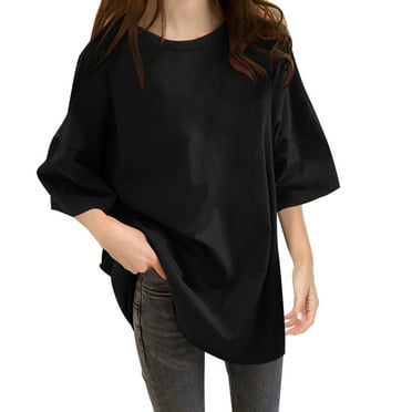 YOUSNH Women Casual Daily Shirts Round Neck Short Sleeve T Shirt Loose Tee Tops Tunic Blouse Womens Tops Black M