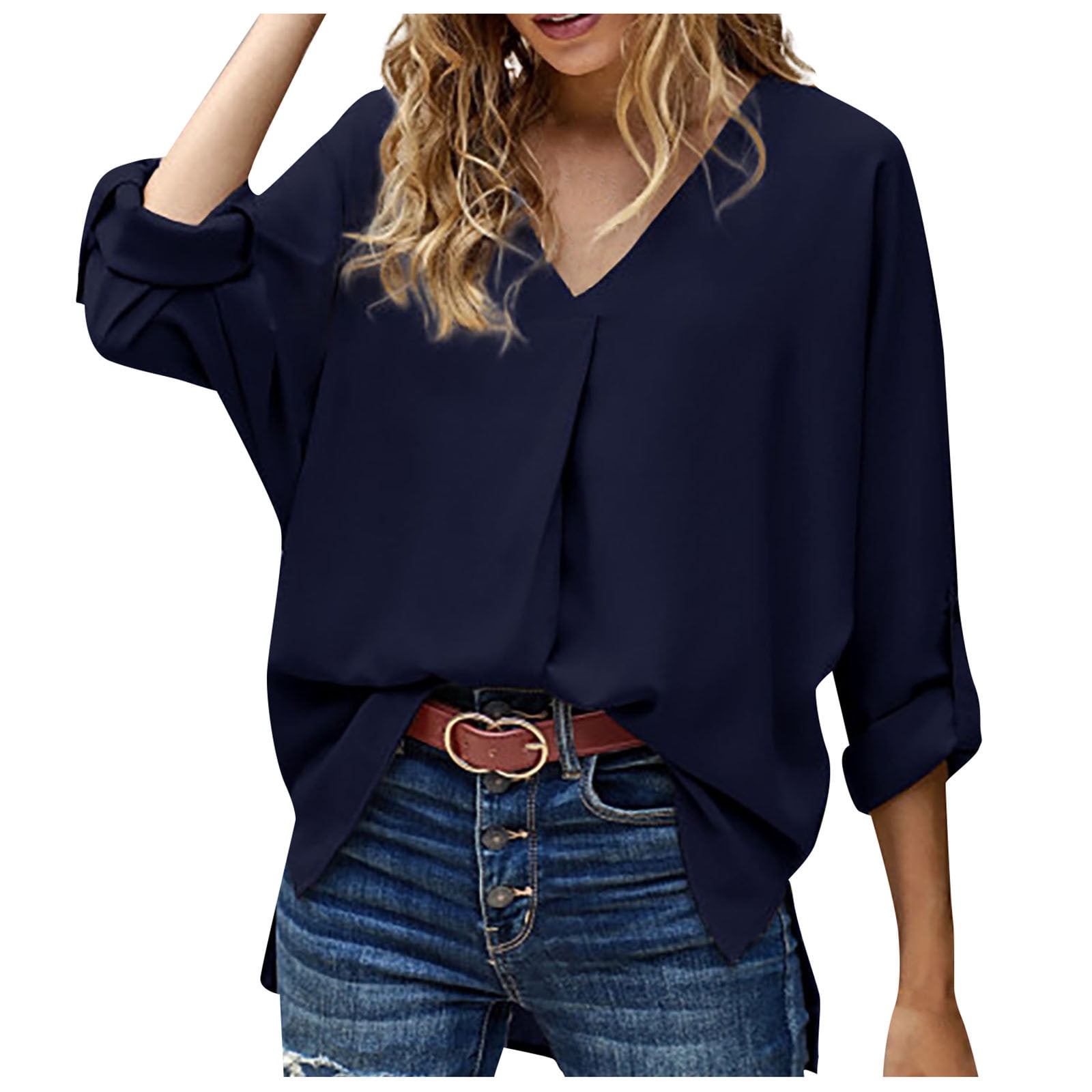 YOUSNH Women Fashion Long Sleeve Sleeve Buckle Vneck Tshirt Solid