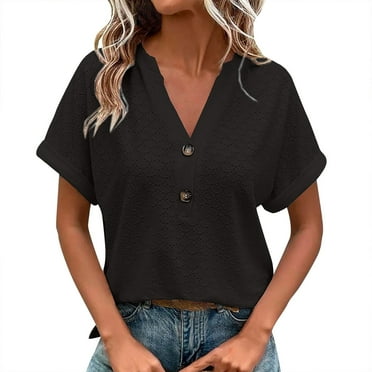 YOUSNH Women Loose V Neck Short Sleeve Tops Casual Pure Color Lace Summer Shirts Blouse Womens Tops 2024 Black XXXL