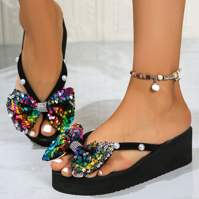 YOUSNH Women Sandals Fashionable New Pattern Bow Sequin Wedge Open Toe Breathable Lightweight Comfortable Summer Slippers Summer Sandals Black 7.5(39)