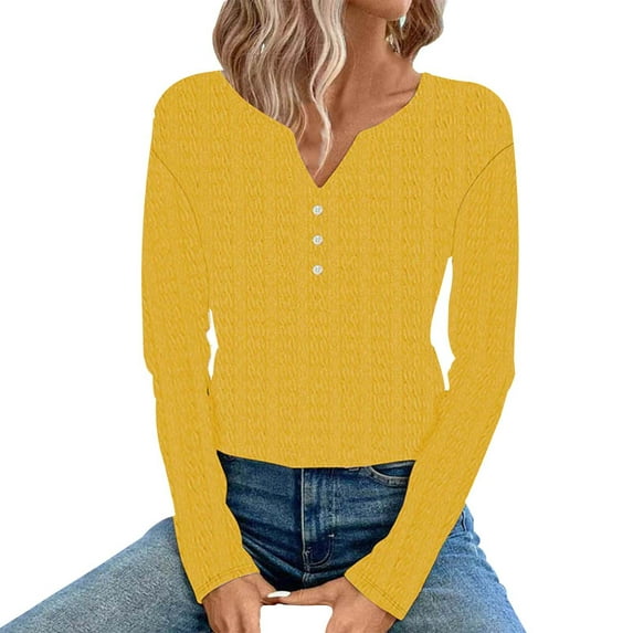 YOUSNH Women's Autumn/Winter Solid Color Jacquard Seamless V Neck Three Button Long Sleeve T Shirt Top Womens Tops 2024 Gold XL