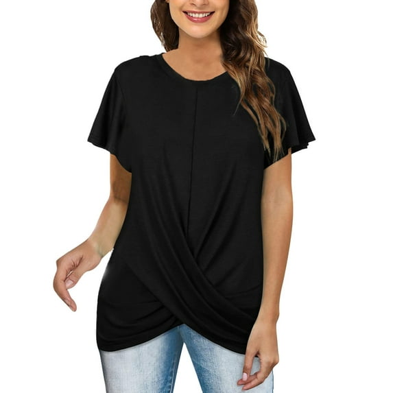 YOUSNH Women's Casual Knot Ruched Short Sleeve T Shirt Round Neck for Spring & Summer T-shirts for Women 2024 Black XL
