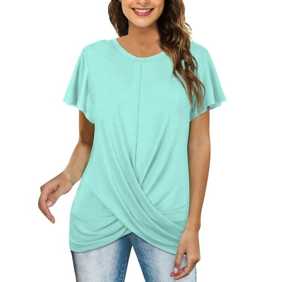 YOUSNH Women's Casual Knot Ruched Short Sleeve T Shirt Round Neck for Spring & Summer T-shirts for Women 2024 Green L
