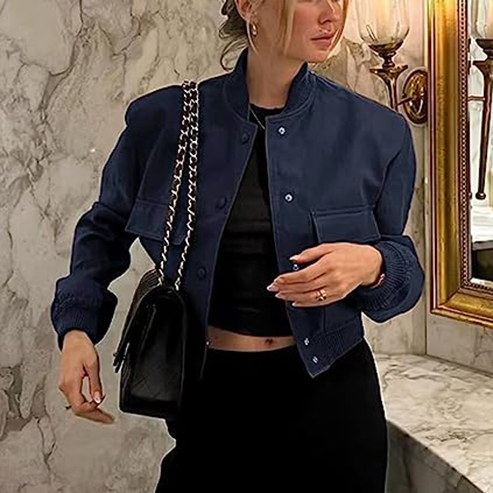 Navy cropped jacket womens hotsell