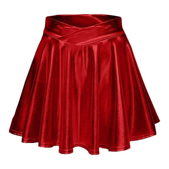 YOUSNH Women's Fashion High Waist Pleated Solid Color Short Skirt Loose Skirt Metallic Skater Skirt Sparkly Shiny Flared Pleated A Line Mini Skort Womens Skirt Red XS