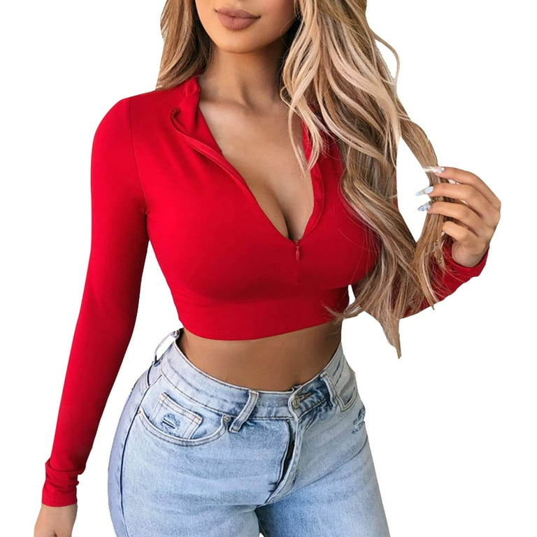YOUSNH Women's Long Sleeve Quarter Zip Crop Tops Lined V
