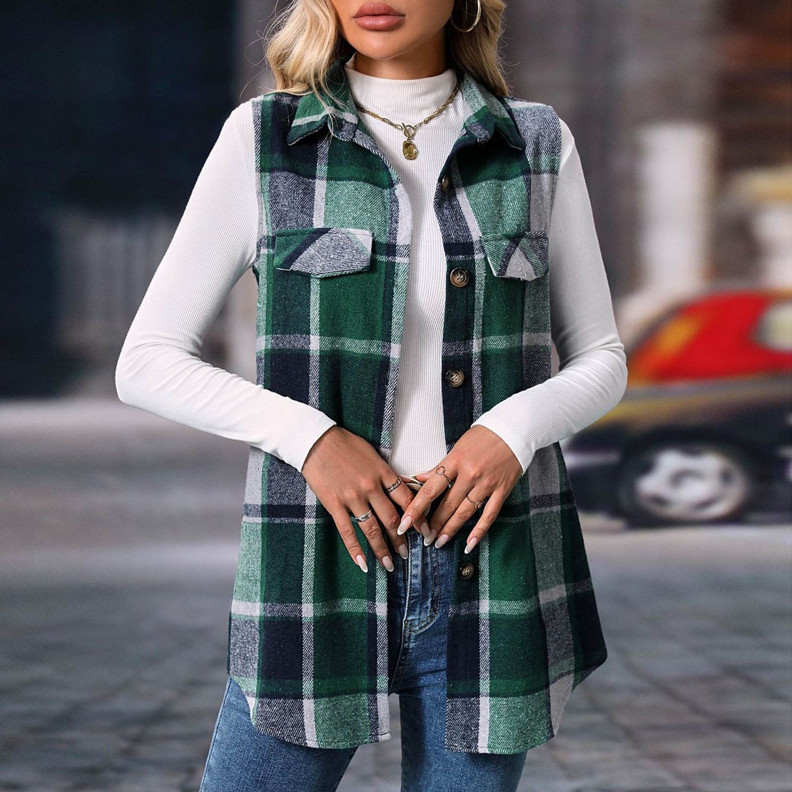 YOUSNH Women's Plus Size Plaid Vest Coat Button Down Sleeveless Coat