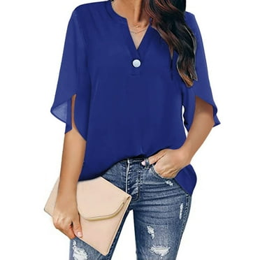 YOUSNH Women's Summer Dressy Chiffon Blouses Flutter Sleeve Blouse Tops V Neck Ruffle Short Sleeve Tunic Tops for T Shirt Womens Tops 2024 Blue M