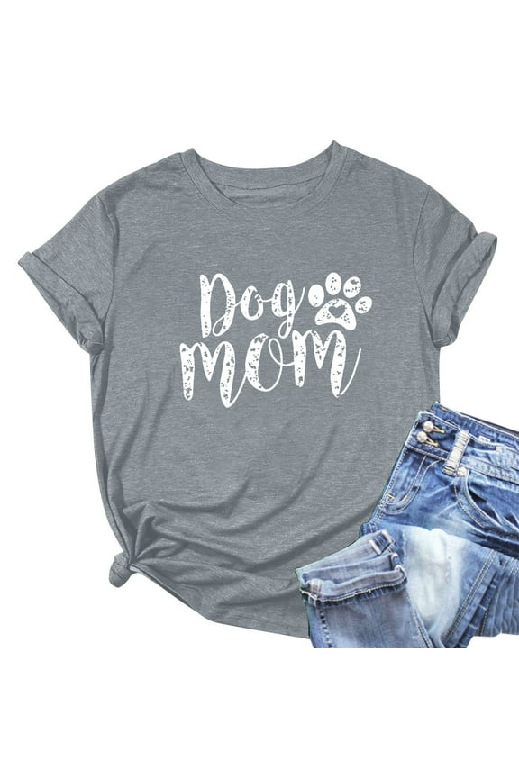 YOUSNH Women's T Shirt Print Cute T Shirt Cute Dog Mom Short Sleeve T Shirt Tops for Women Trendy 2024 Grey S