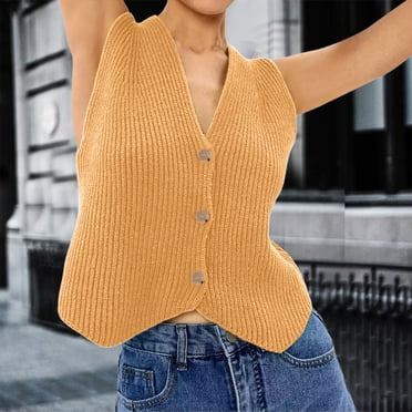 YOUSNH Womens Casual Sleeveless Knit Vest Loose Button Down V Neck Stripe Fashion Tops Knit Vest for Women Yellow L