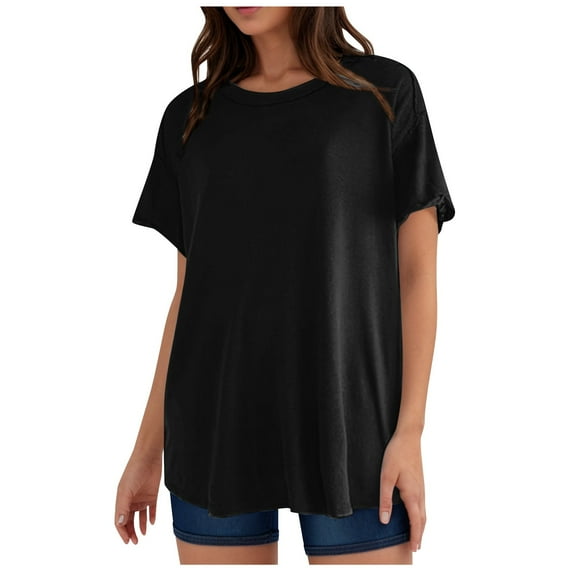 YOUSNH Womens Casual Spring Summer Solid Short Sleeve O Neck Loose T Shirt Top T-shirts for Women 2024 Black XXL