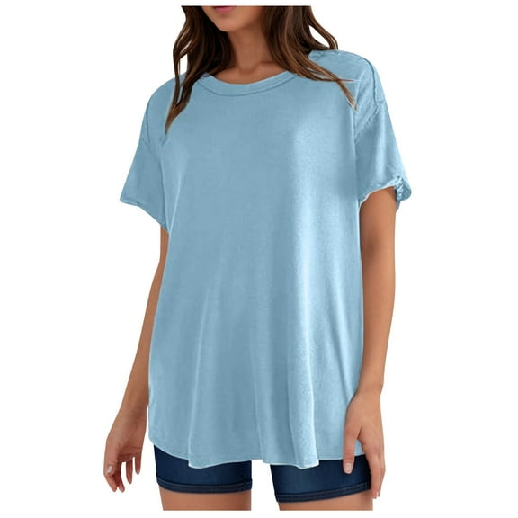 YOUSNH Womens Casual Spring Summer Solid Short Sleeve O Neck Loose T Shirt Top T-shirts for Women 2024 Blue L
