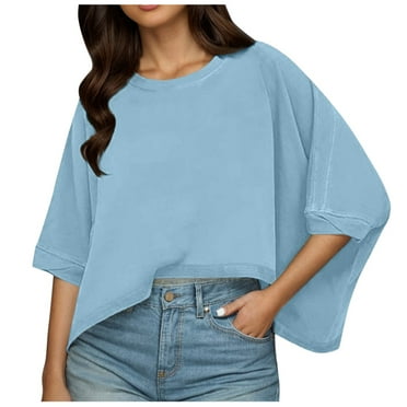 YOUSNH Womens Casual Spring Summer Solid Short Sleeve O Neck Loose T Shirt Top T-shirts for Women 2024 Blue S