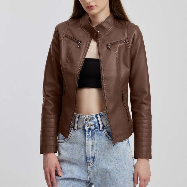 YOUSNH Womens Leather Jacket Casual Fashion Quilted Zip up