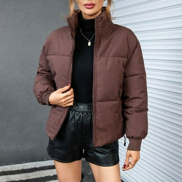 YOUSNH Womens Winter Quilted Jackets Long Sleeve Full Zip Jacket Coats with Pockets Plus Size Coat Coffee S