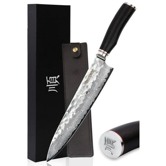 YOUSUNLONG Gyuto 10 inch Pro Chef's Knives, Japanese Hammered Damascus, Natural Ebony Wood Handle