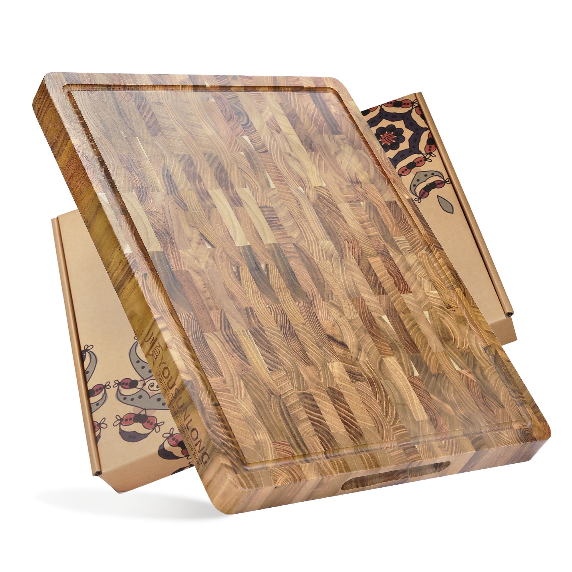YOUSUNLONG Sustainable Teakwood Cutting Board with Handles, Reversible, Grooves, 20 x 16 x 1.5 Inches