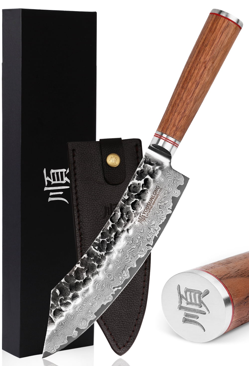YOUSUNLONG 8-Inch Wooden Handle Butcher Knife - Japanese Damascus Steel Core with Leather Sheath