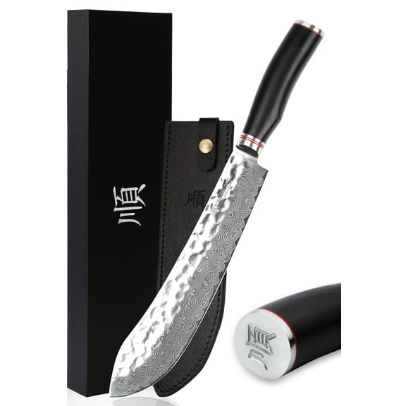 YOUSUNLONG 10 Inch Bull Nose Pro Butcher Knife, Japanese 67 Layers Hammered Damascus Steel