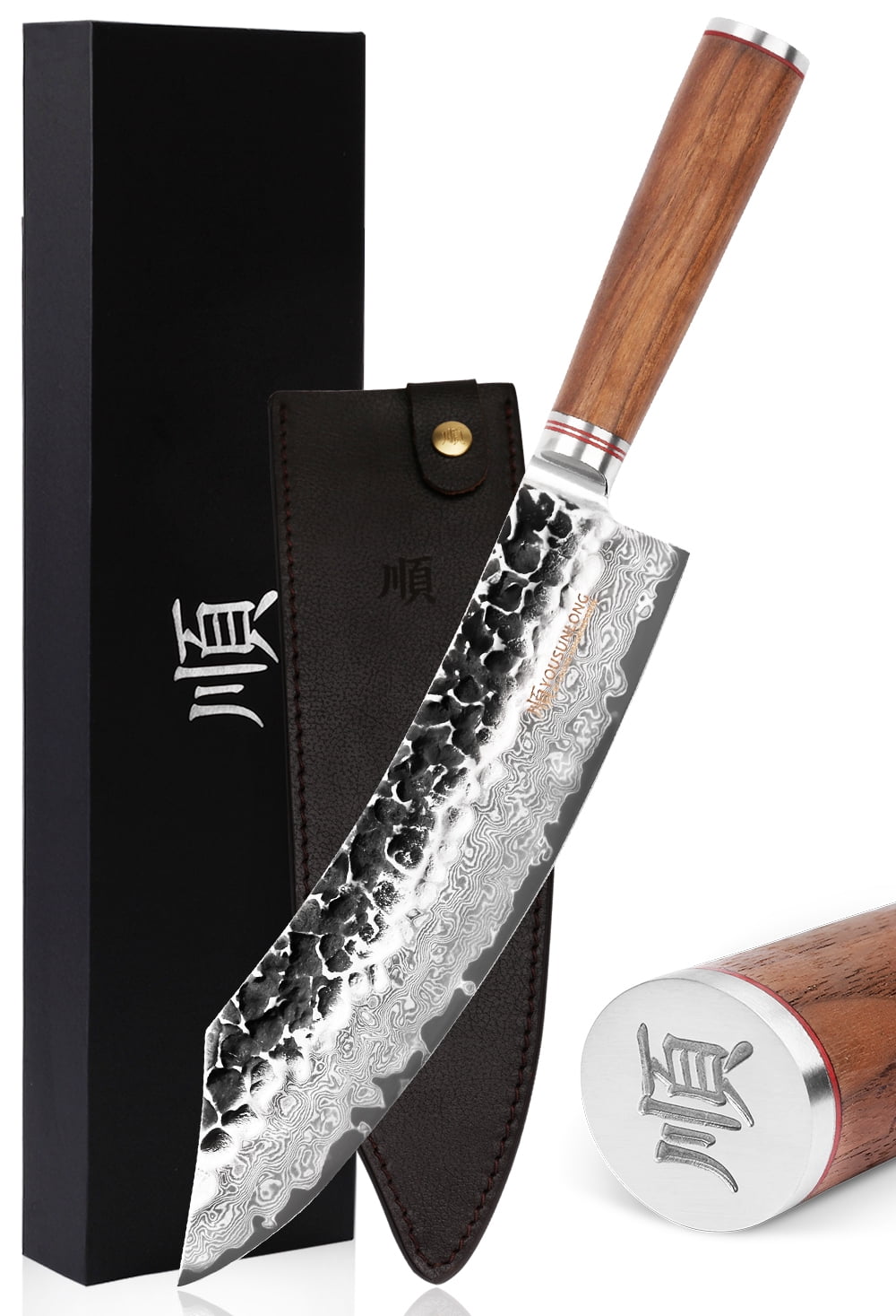 YOUSUNLONG 10-inch Sharp Butcher Knife - Japanese Hammered Damascus Steel with Natural Walnut Handle & Leather Sheath