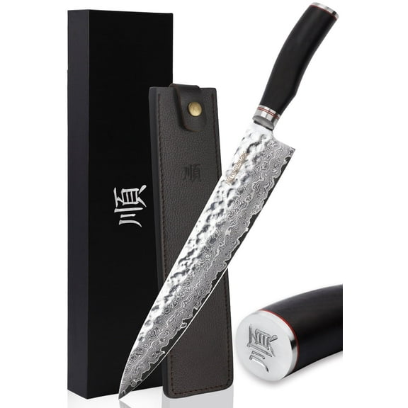 YOUSUNLONG Chef's Knives 12 inch - Max Gyuto Japanese Hammered Damascus Natural Leadwood Handle with Leather Sheath