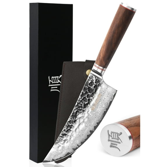 YOUSUNLONG Cleaver Knife 8 Inch Butcher Knife Japanese Hammered Damascus Steel, Natural Walnut Wooden Handle