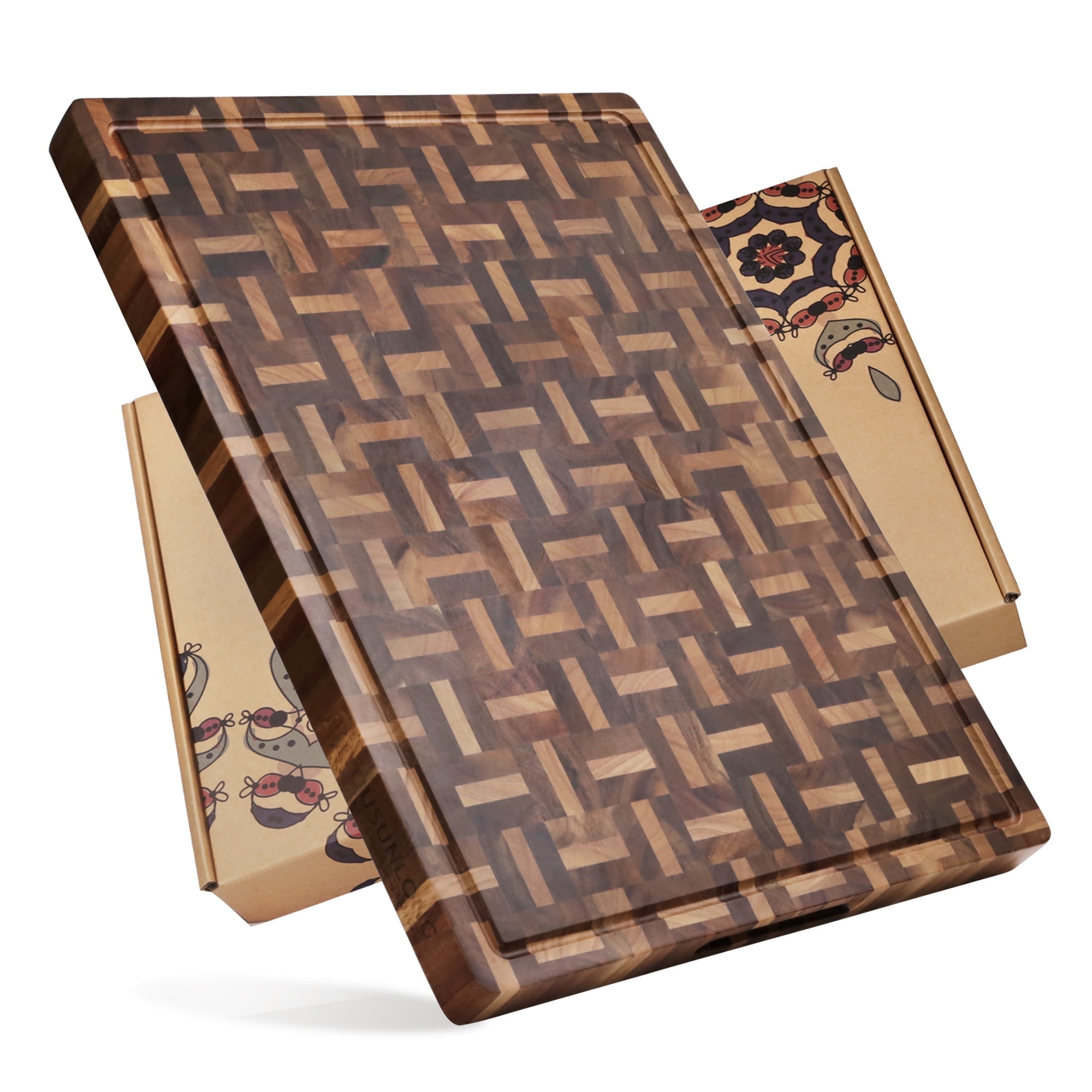 YOUSUNLONG Cutting Board End Grain Acacia and Oak with Juice Groove, Reversible 24 x 18 x 1.5 Butcher Block