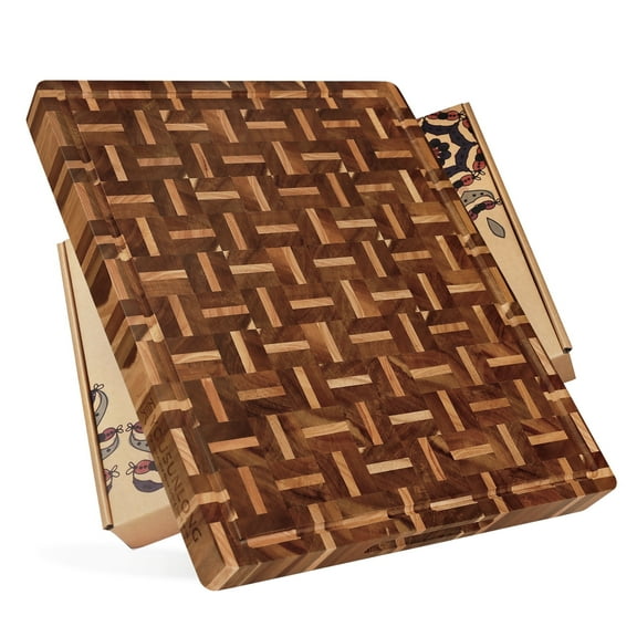 YOUSUNLONG End Grain Cutting Board 20" x 16" x 1.5", Acacia & Oak Wood Chopping Board with Juice Groove and Carry Handles