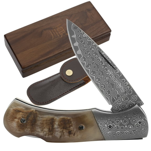 YOUSUNLONG Folding Knife - Camping Knife Overall 140mm Japanese Damascus Steel Antelope Horn Handle