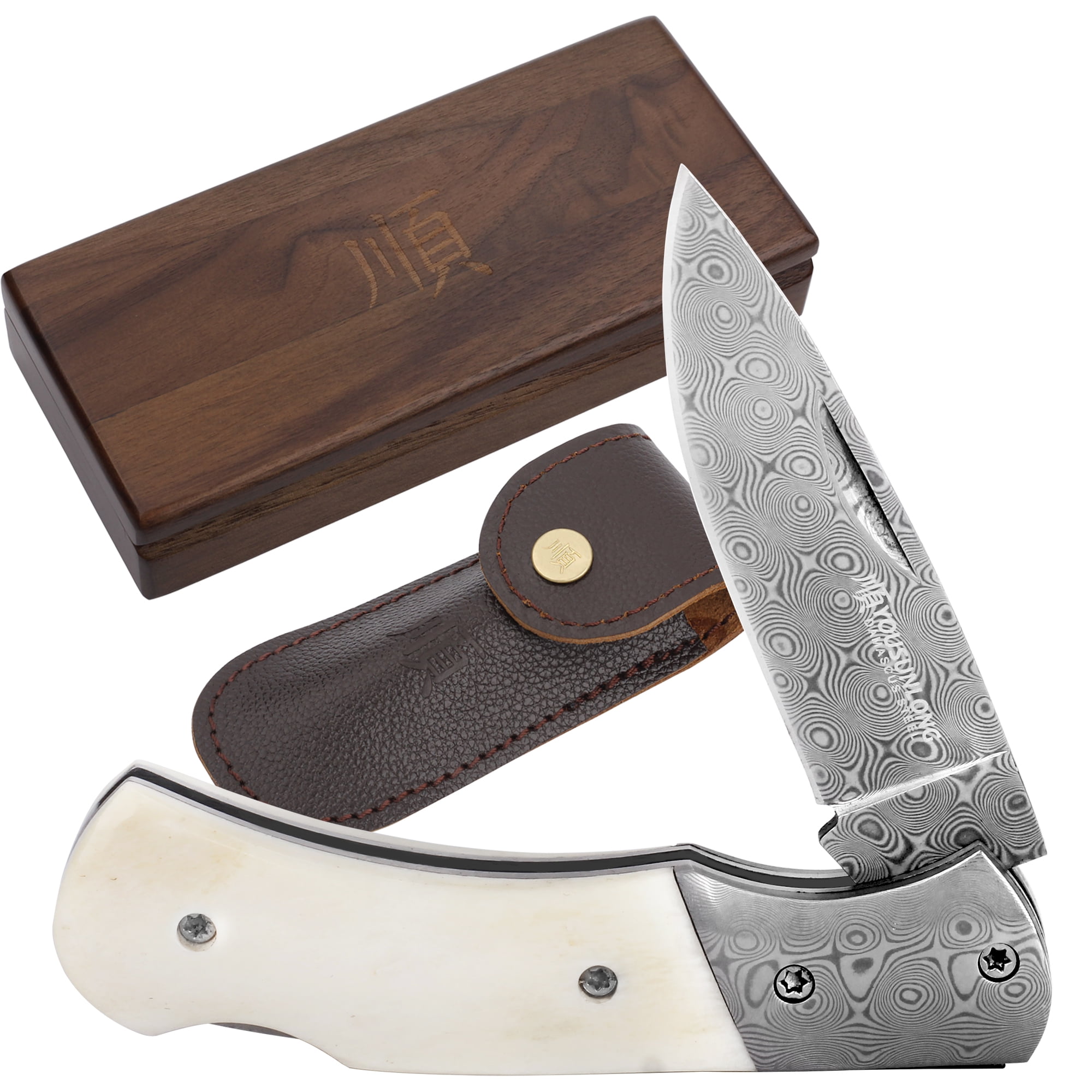 YOUSUNLONG Folding Knife - Camping Knife Overall 140mm Japanese Damascus Steel Bull Bone Handle