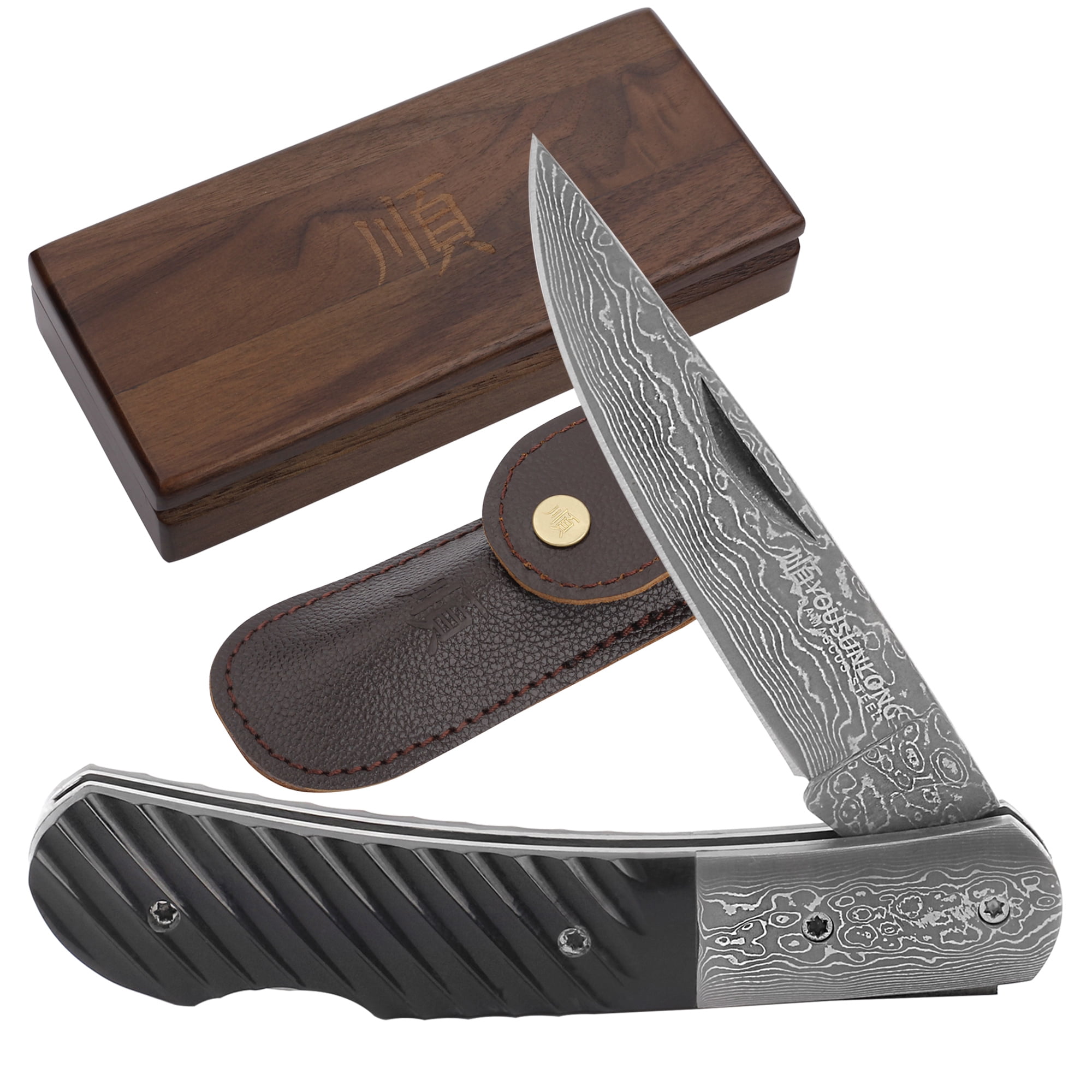 YOUSUNLONG Folding Knife - Camping Knife Overall 175mm Japanese Damascus Steel Buffalo Horn Handle