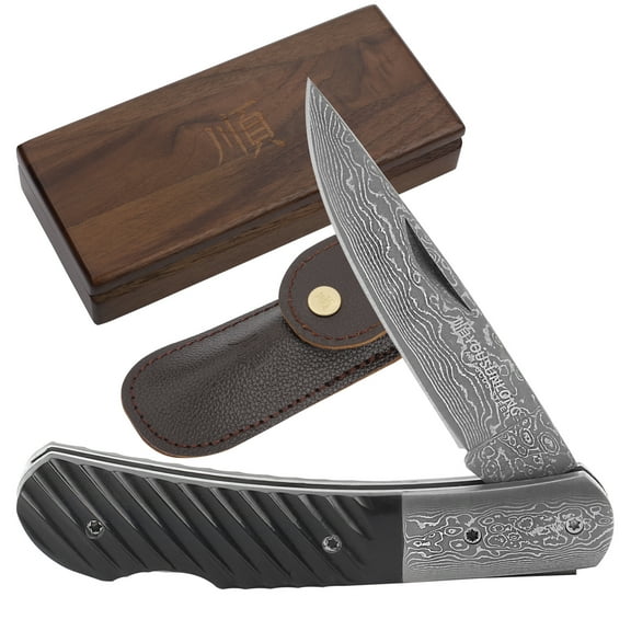 YOUSUNLONG Folding Knife - Camping Knife Overall 175mm Japanese Damascus Steel Buffalo Horn Handle