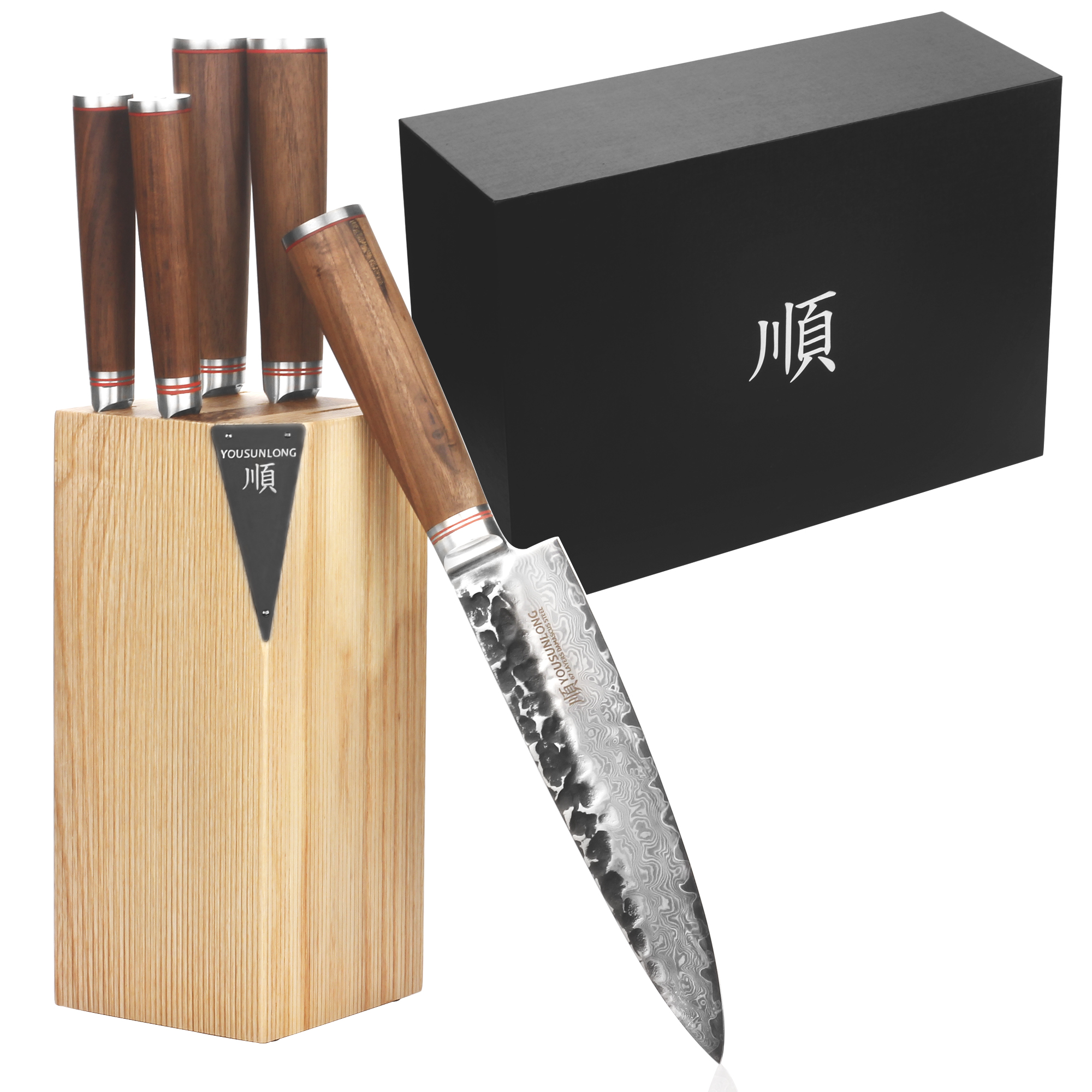 YOUSUNLONG Knife Block Sets 5pcs Kitchen Knives Set Japanese Hammered