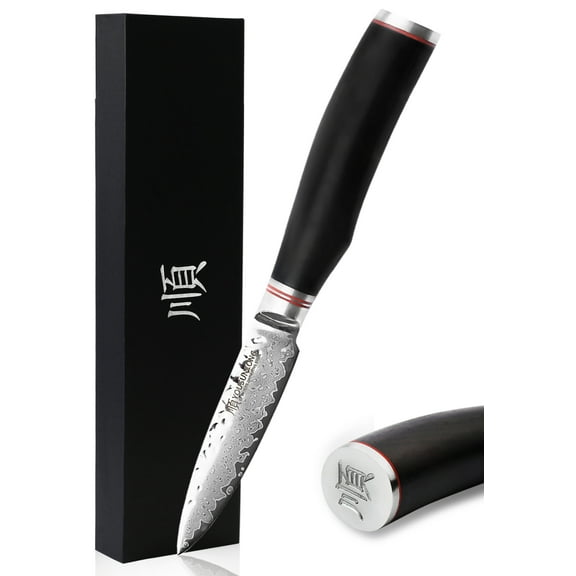 YOUSUNLONG Paring Knife 3.5 Inch, Hammered Damascus Steel Natural Leadwood Handle