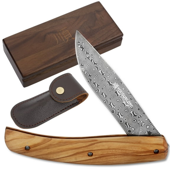YOUSUNLONG Pocket Knife Camping Knife, Overall 186mm Damascus Steel Blade Olive Handle