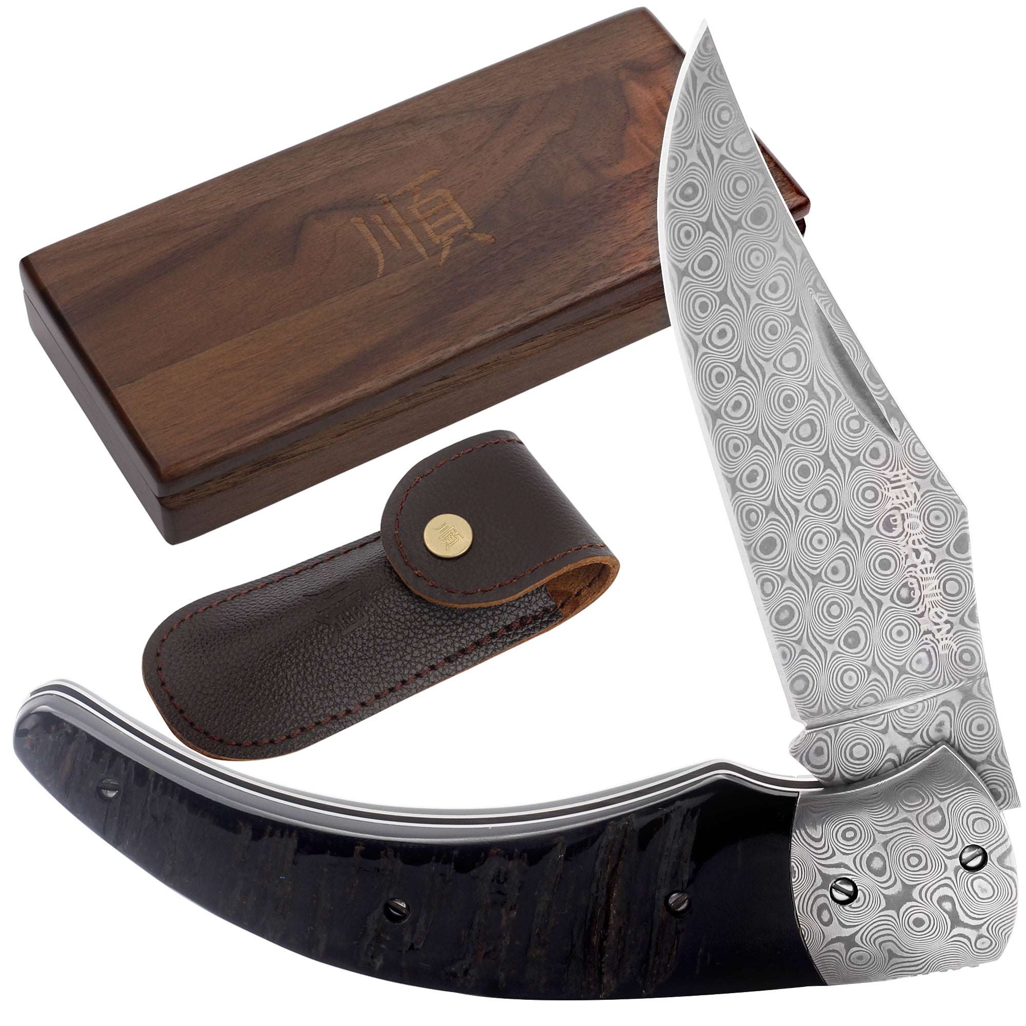 YOUSUNLONG Pocket Knife - Camping Knife Overall 205mm Damascus Steel Black Buffalo Horn Handle