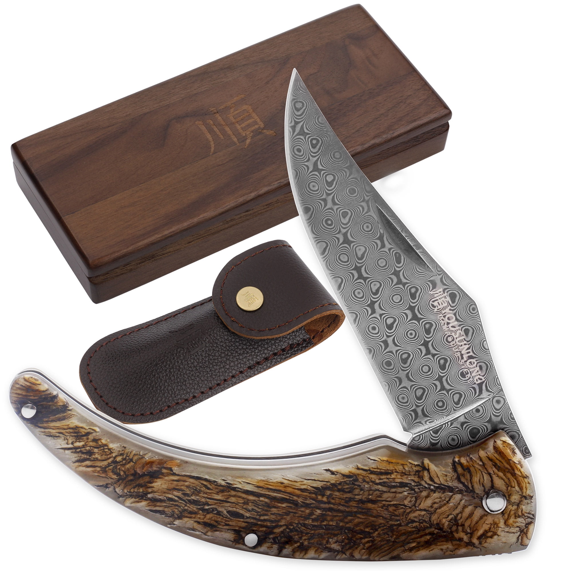 YOUSUNLONG Damascus Steel Folding Knife 205mm Japanese Hunting Pocket Knife with Antelope Horn Handle
